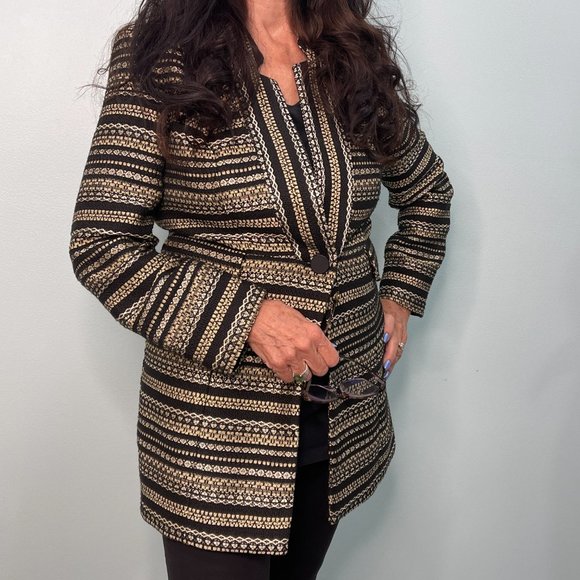 Chicos Gold Black Striped Tweed Long Jacket - Picture 7 of 16